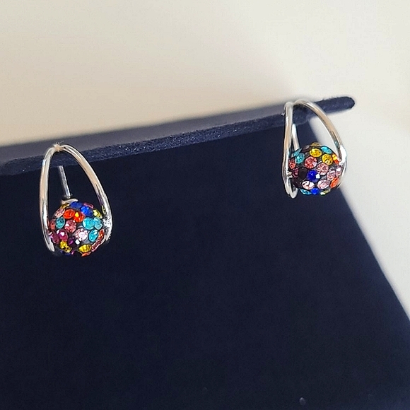 STERLING SILVER Rainbow Disco Ball Earrings w/Swarovski Crystals - Picture 4 of 7